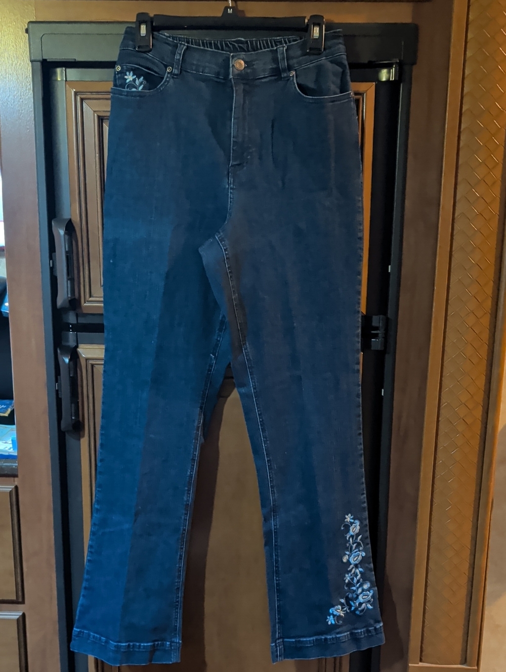 Women's Dark Blue Boot Cut Jeans with Floral Embroidery